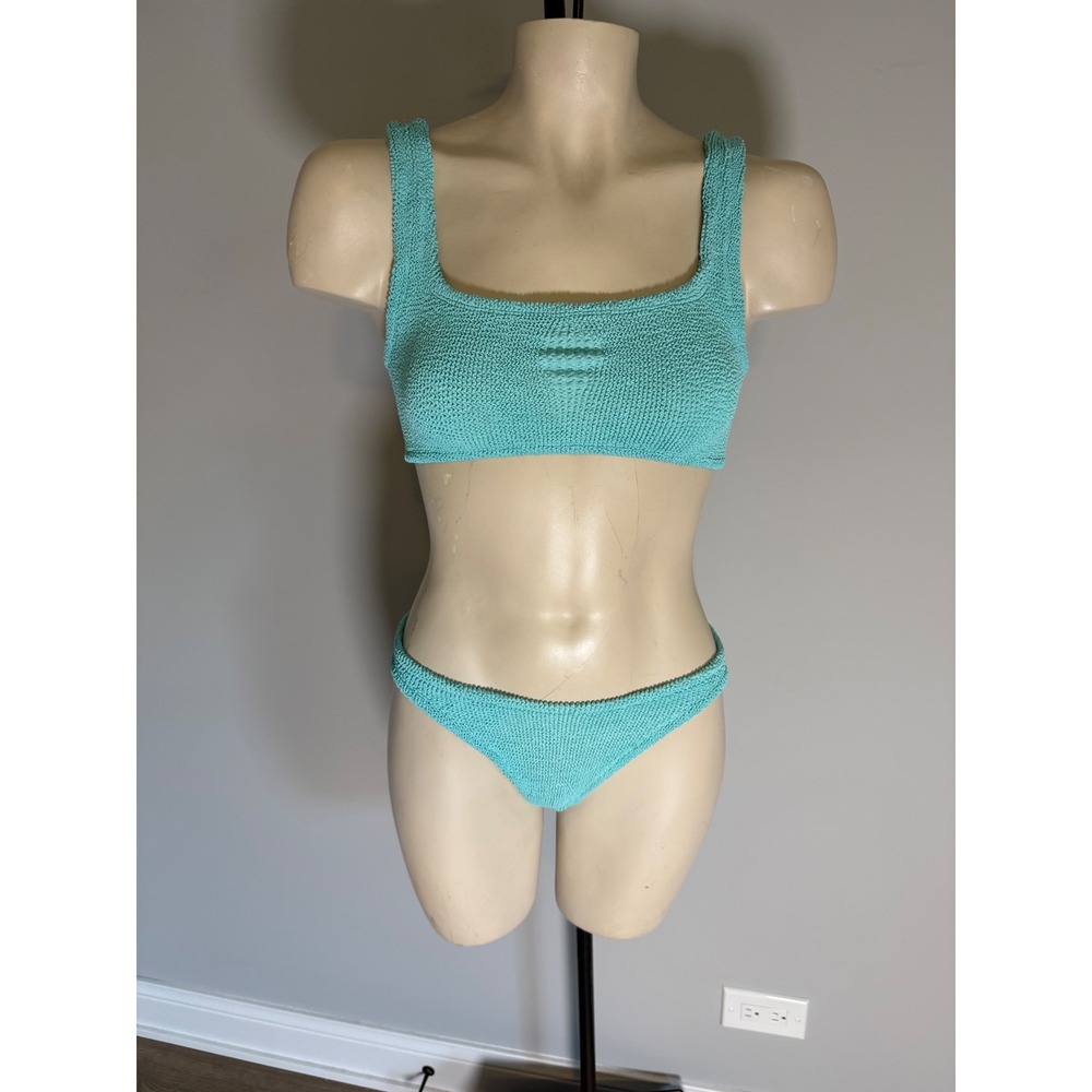 Hunza G Turquoise Crinkle Knit Square Neck Bikini Set One Size Turquoise Blue